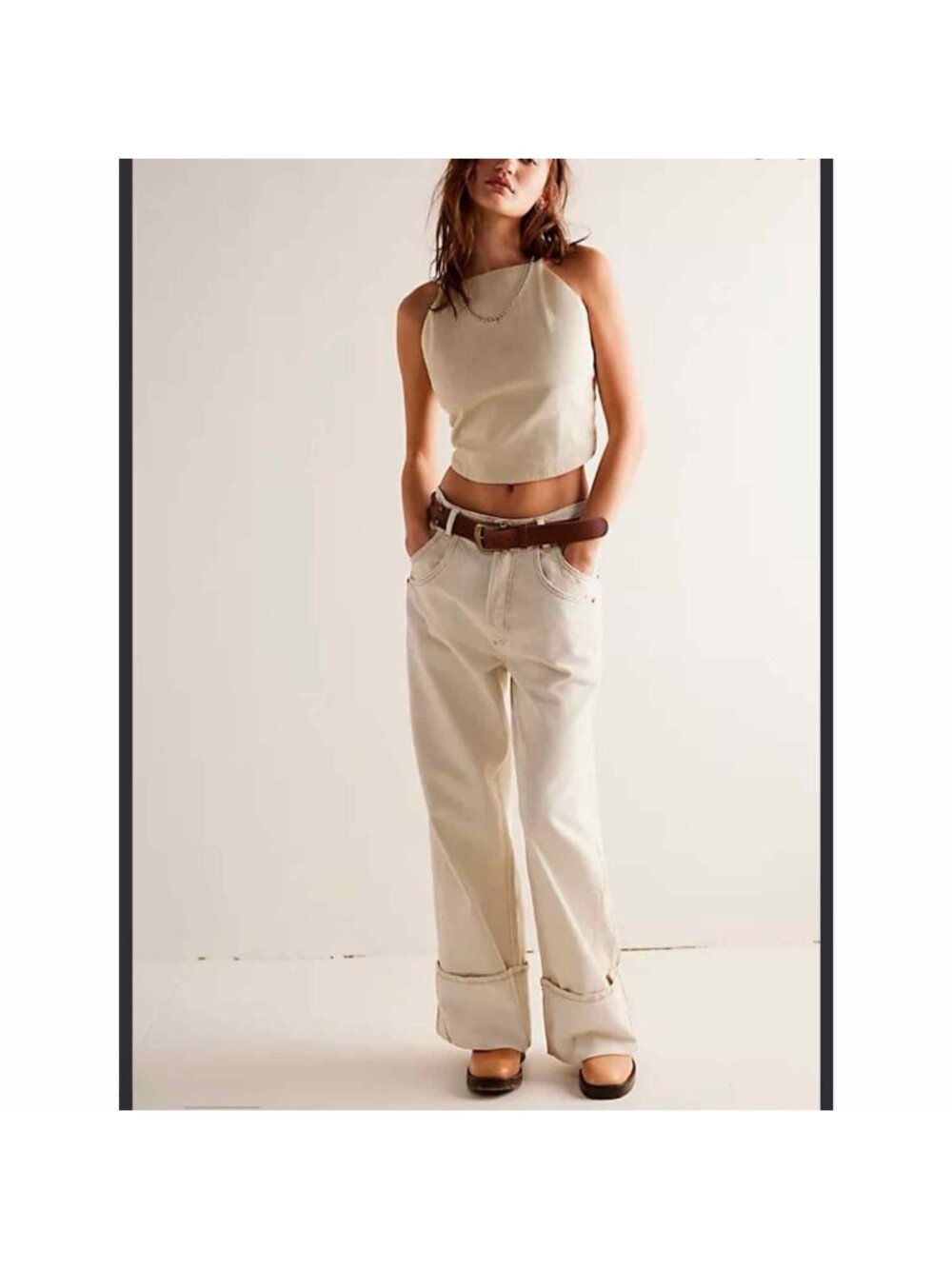 We The Free People Final Countdown Cuffed Low-Rise Jeans Cream Size 27